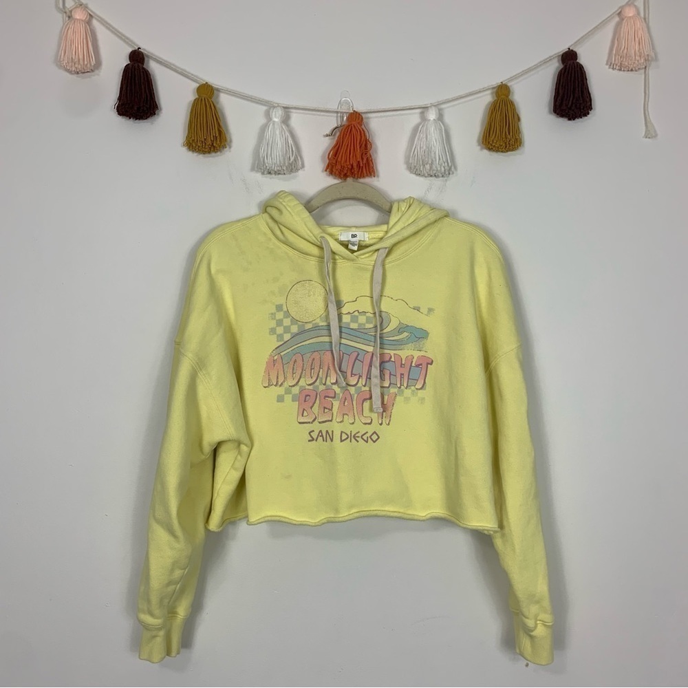 BP. Cropped Moonlight Beach Graphic Yellow Hoodie Size Large